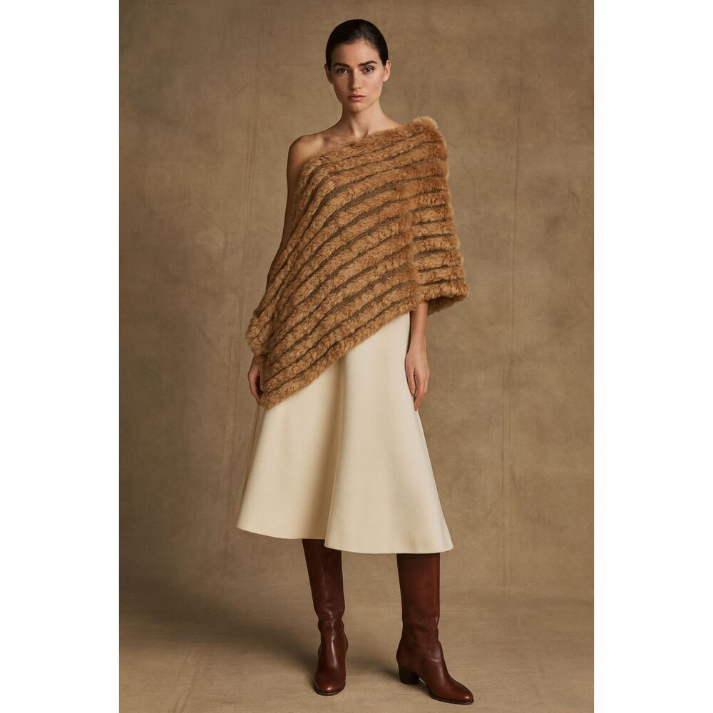 La Fiorentina Camel Genuine Fur Asymmetrical Poncho One Size NWOT